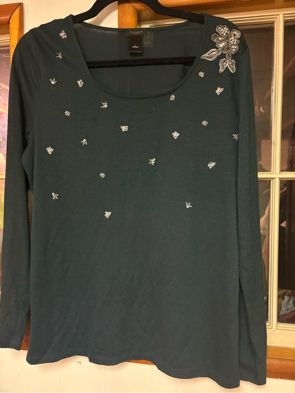 Ann Taylor Factory Teal Green Long Sleeve Embellished Scoop Neck Top